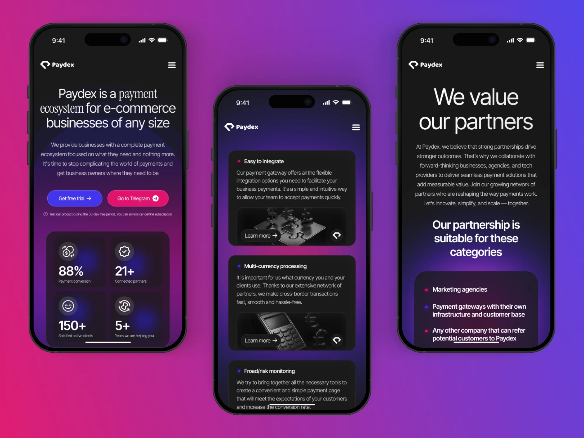 Мобильная версия сайта PayDex на трех экранах