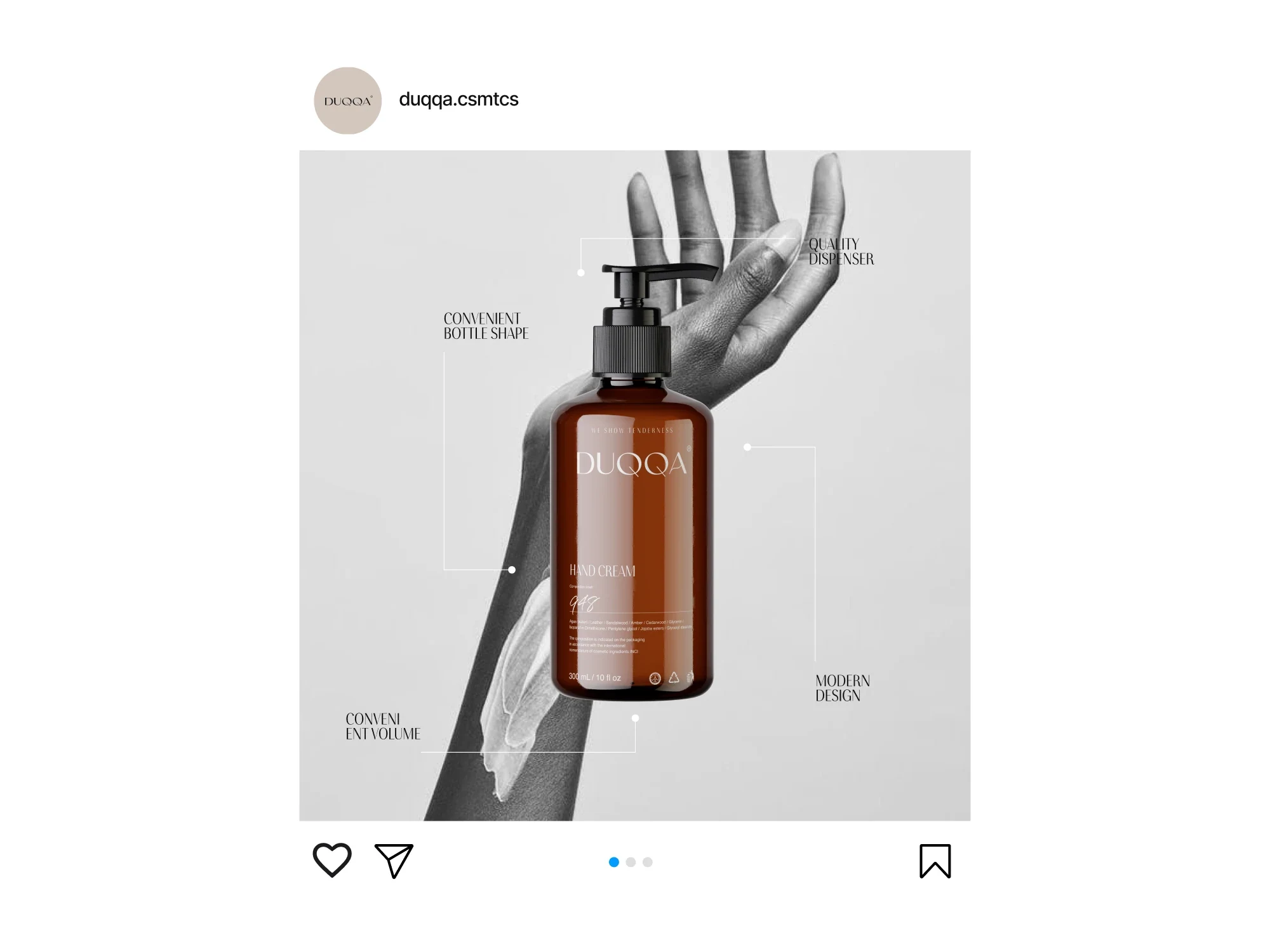 Пост DUQQA в Instagram: крем для рук и подписи о флаконе