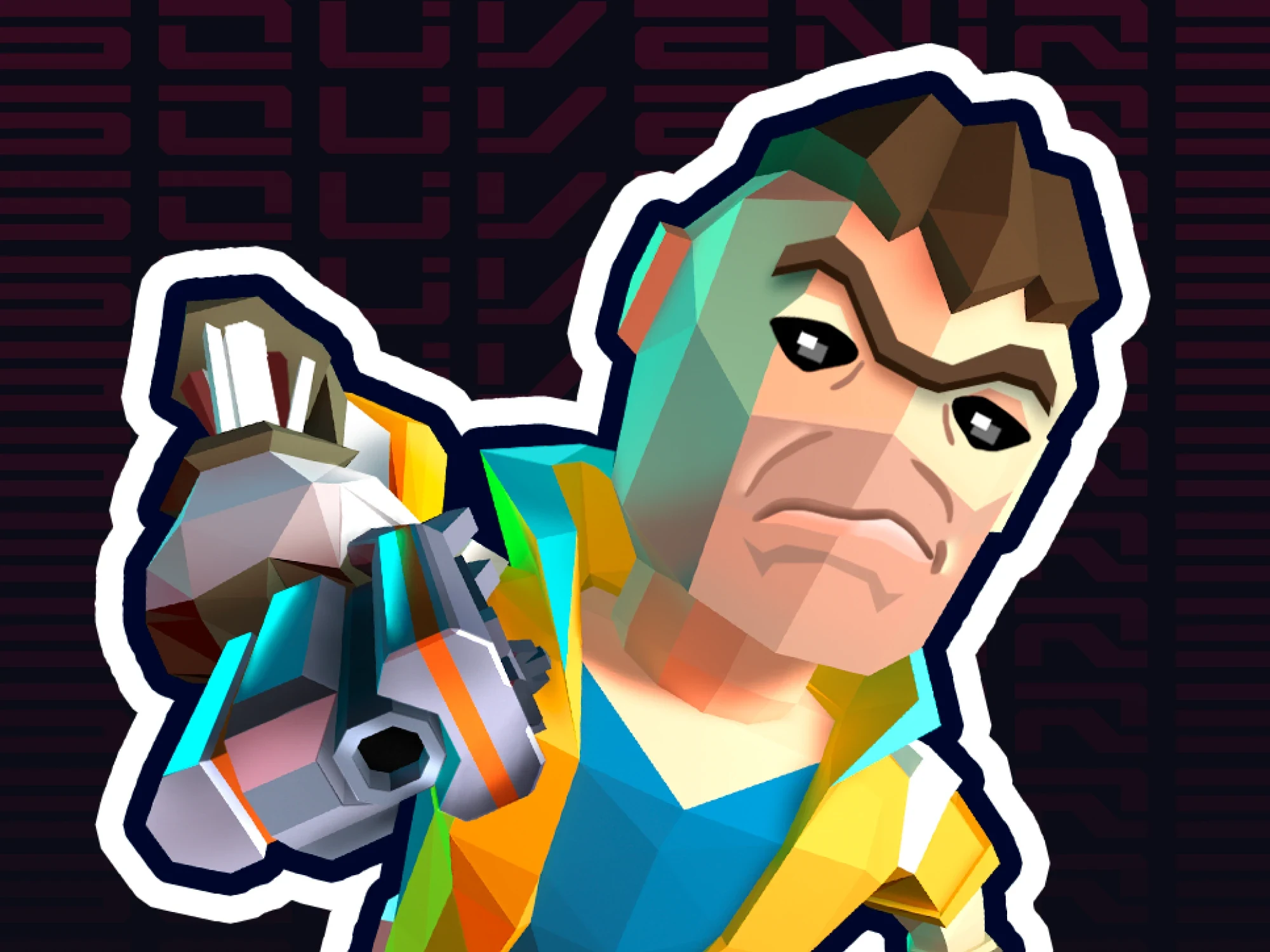 Стикер AnotherWorld крупным планом: low-poly боец из VR-шутера с оружием