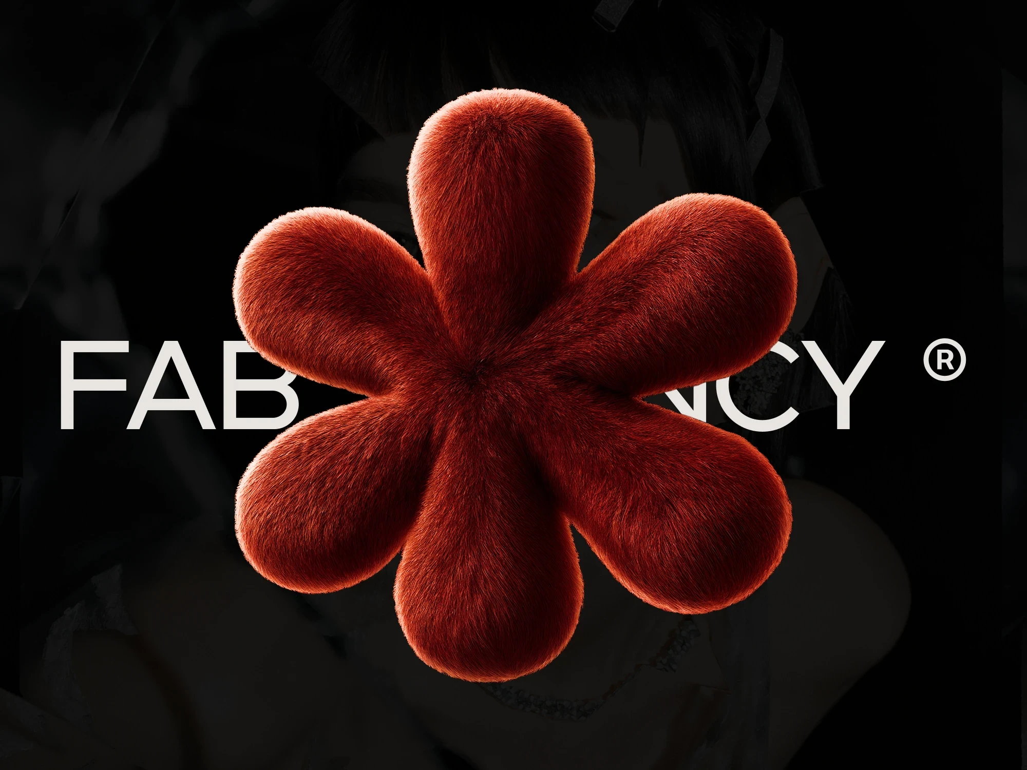 Объемная меховая версия знака FAB.AGENCY поверх логотипа на черном фоне