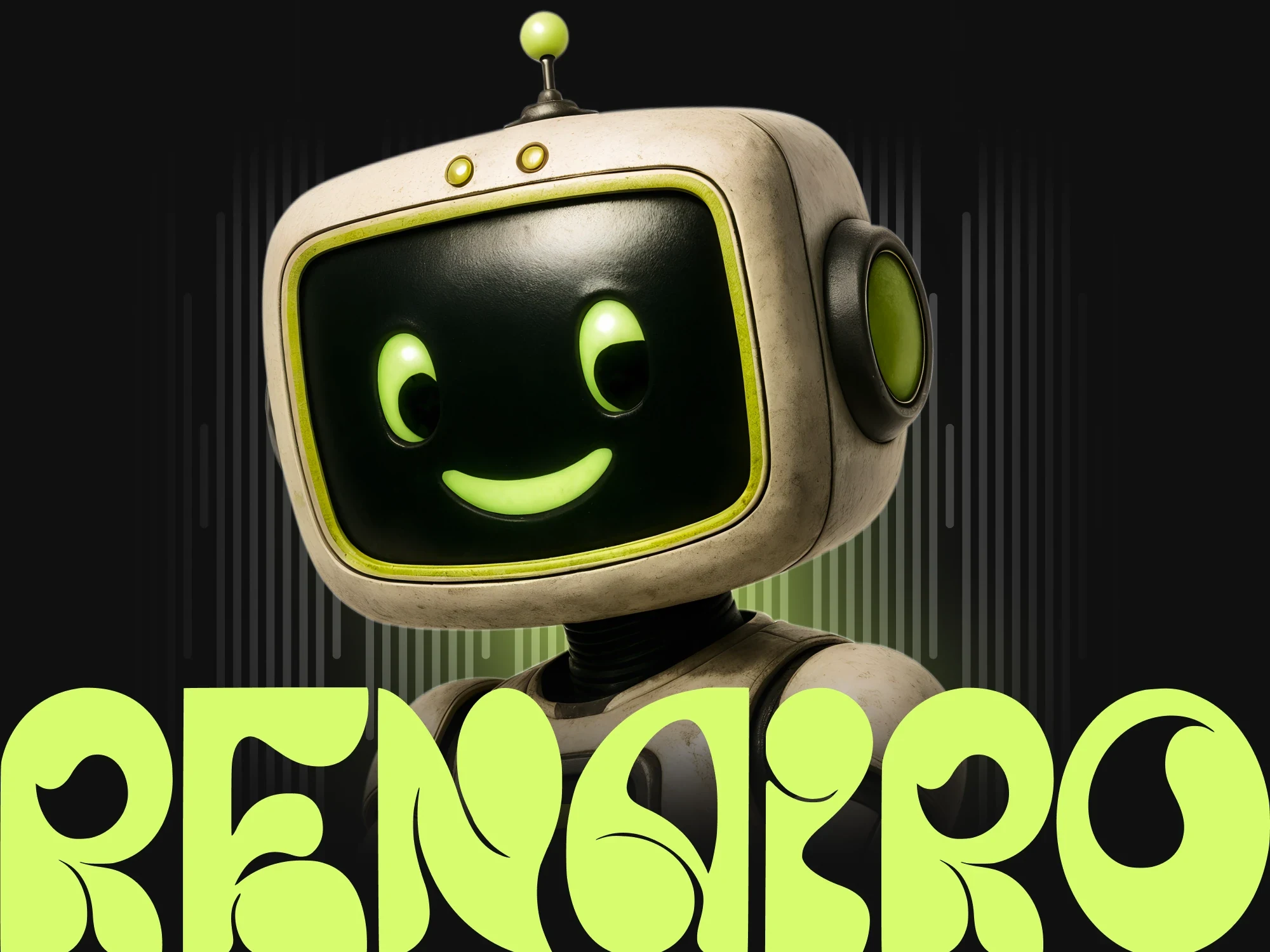 Робот-маскот ReNairo на темном фоне и фирменный леттеринг лаймом