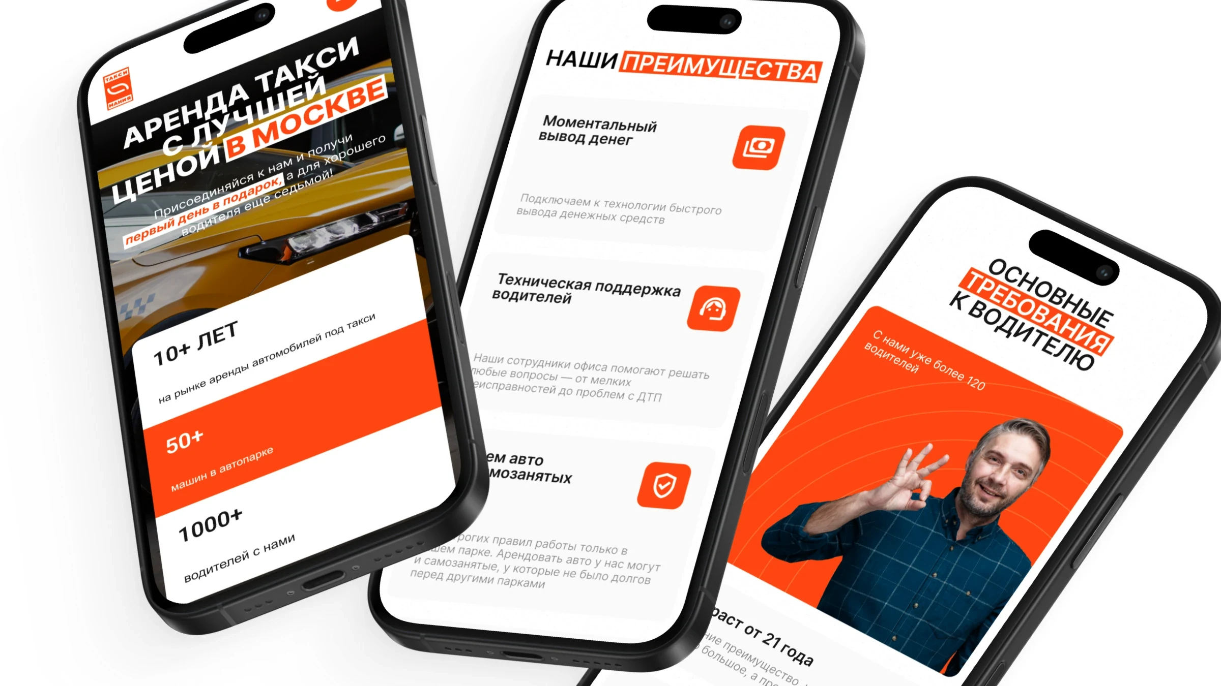 Мобильная версия сайта аренды такси на трех экранах: оффер, преимущества и требования к водителю